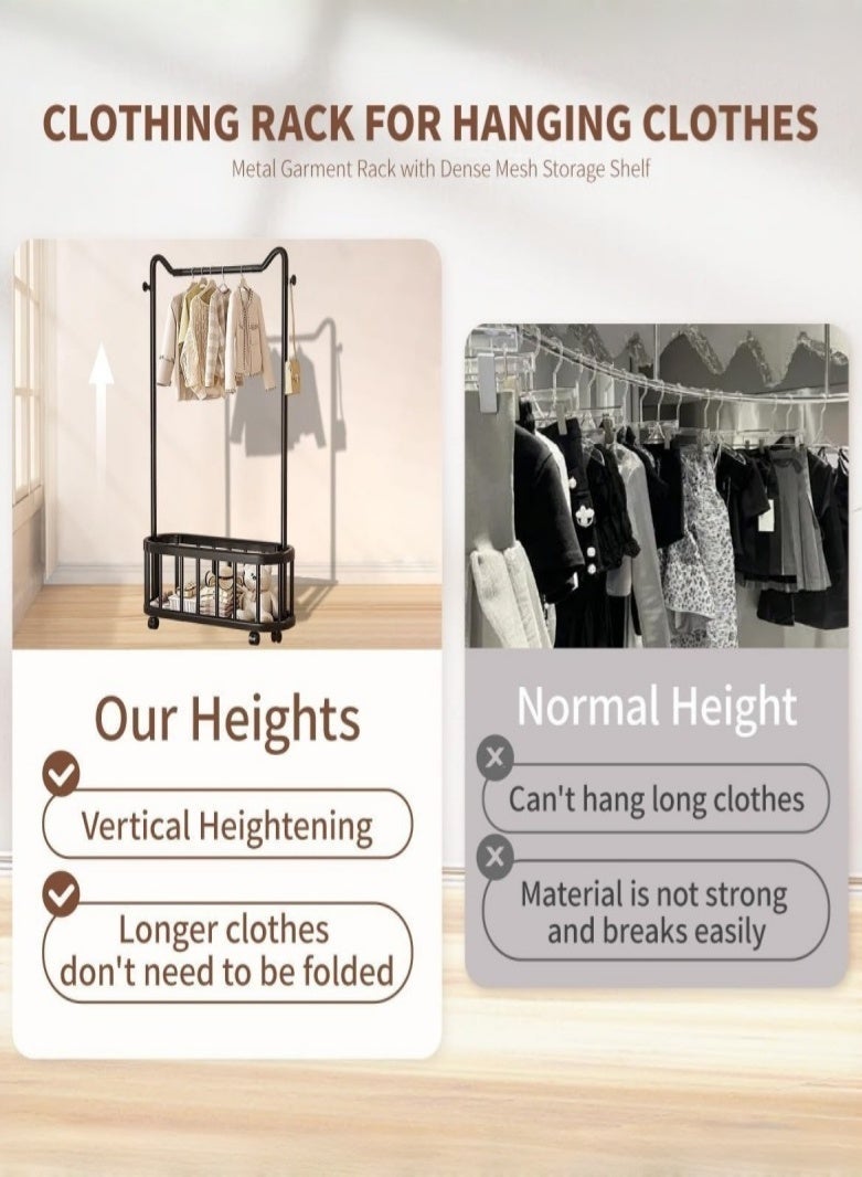 Clothes Rack with Single Rods, Metal Garment Rack with Storage Basket and Wheels, Multipurpose Clothes Hanger Organizer for Bedroom Living Room - Image 4